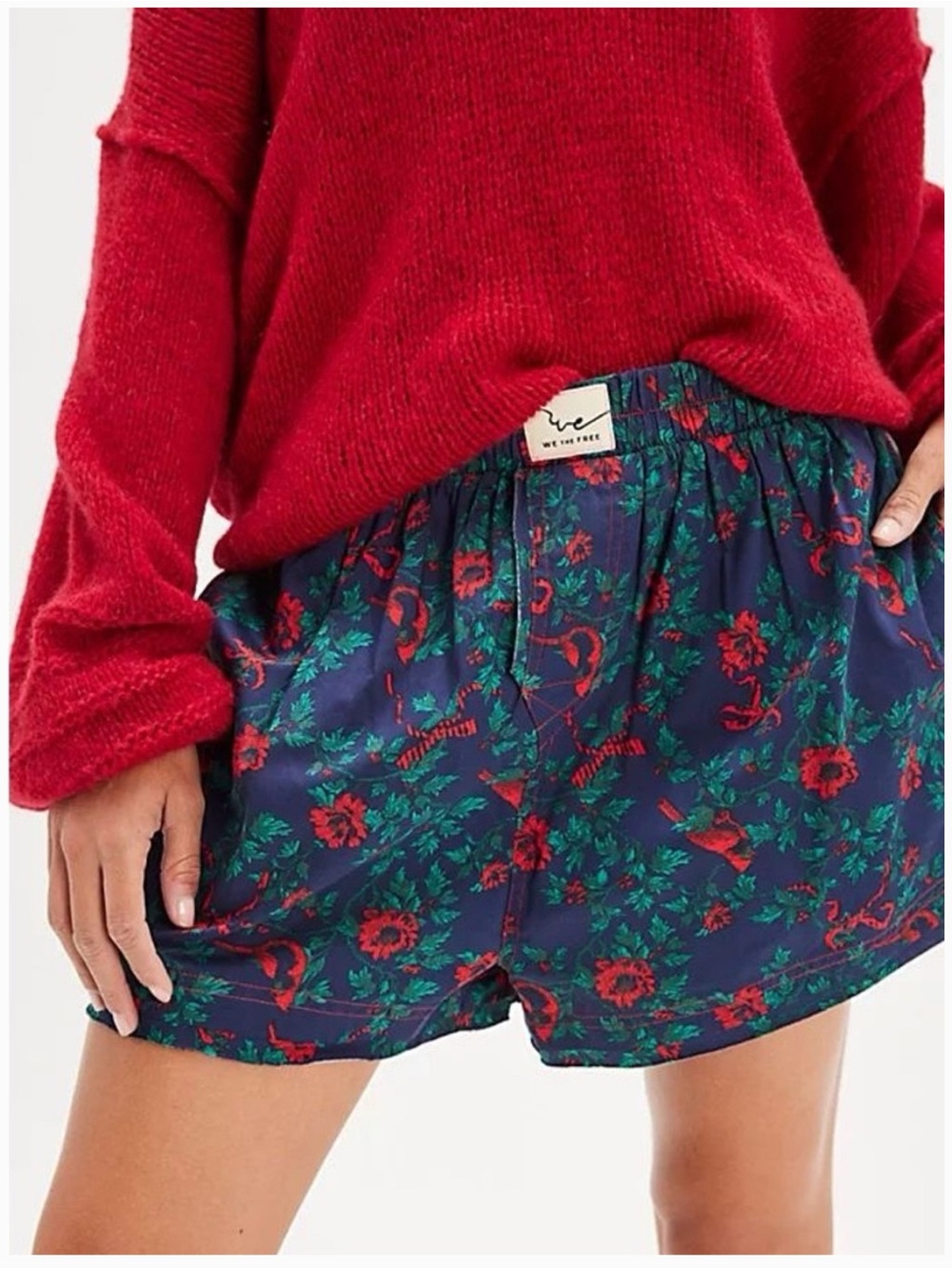 We The Free Navy Floral Boxer Shorts with Red & Green Print XS